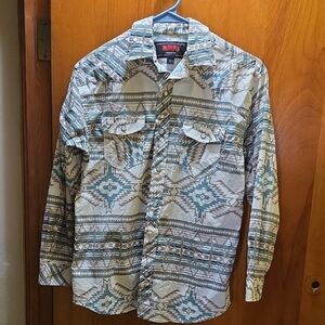 Boys Aztec Pattern Pearl Snap Button Down Shirt - Beige and Olive Green